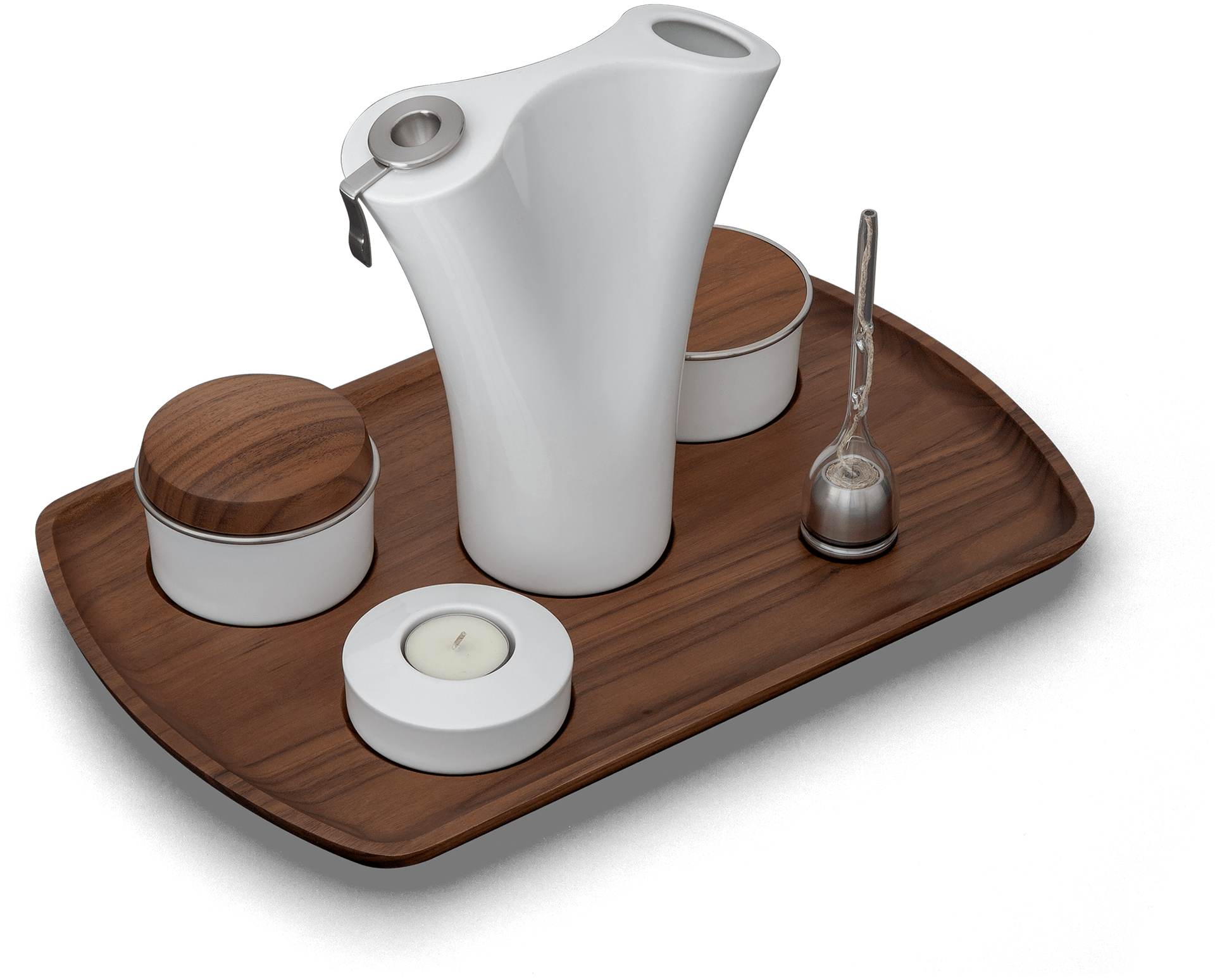 Contemporary porcelain and stainless steel smoking set with walnut tray